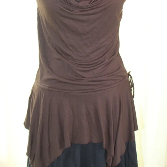 Dark Brown Elfin-style Sleeveless Cowl Neck Drop Tie Waisted Tunic Top - Picture 2 of 6